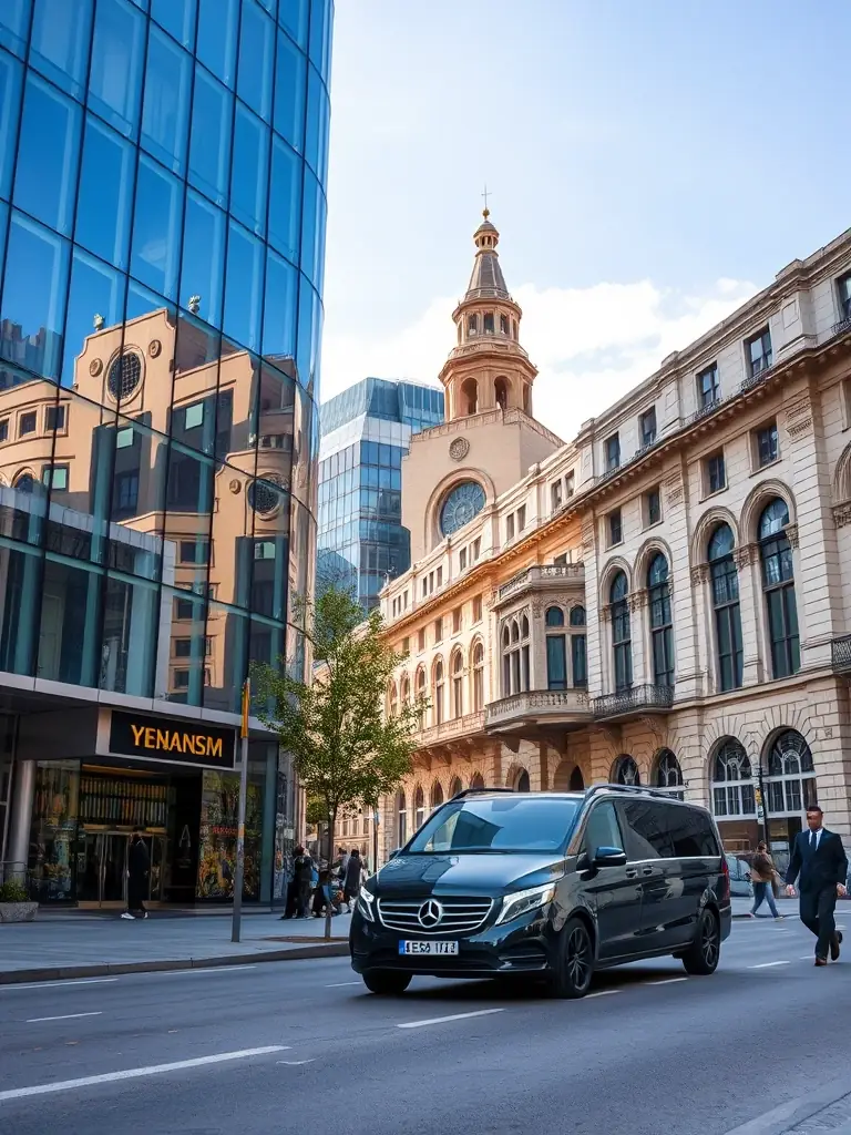 A vibrant street scene in Yerevan, featuring modern architecture alongside historic buildings, with a luxury Mercedes V-Class vehicle discreetly parked nearby, representing the Exclusive City Adventure offered by BLACKTIE TOURS.
