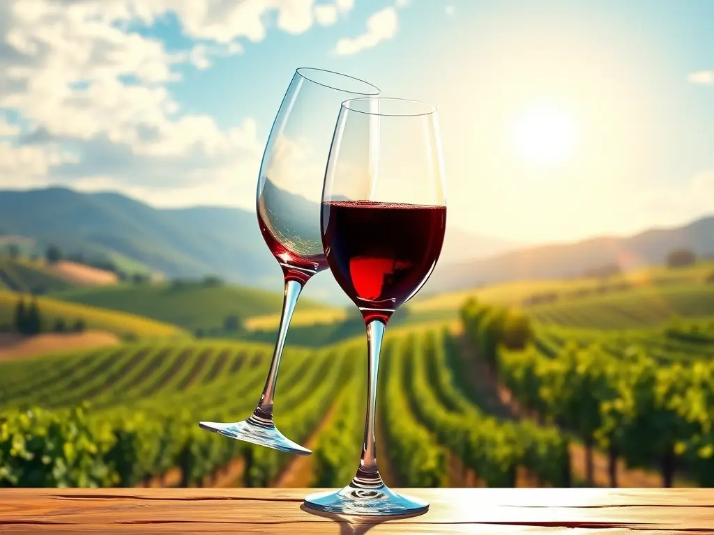 An elegant image of two wine glasses being clinked, with a backdrop of lush vineyards and rolling hills, representing the Luxury Wine Tour offered by BLACKTIE TOURS.