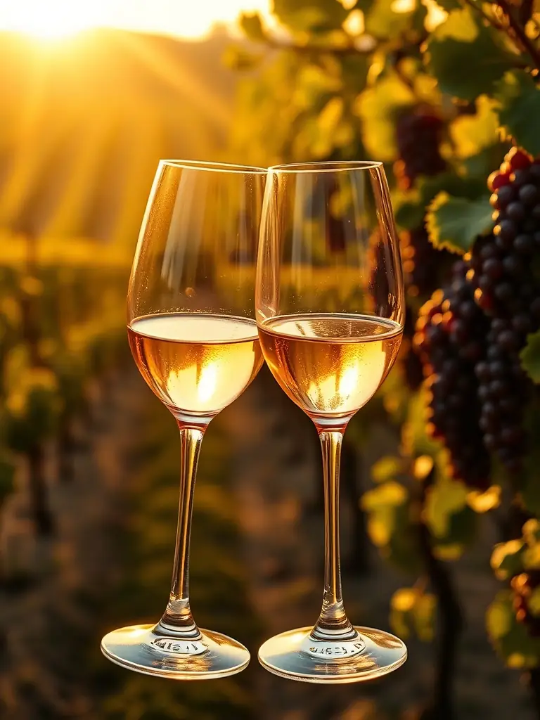 A close-up shot of two crystal wine glasses clinking together in a vineyard, with soft, golden sunlight filtering through the grapevines, representing the Luxury Wine Tour offered by BLACKTIE TOURS.