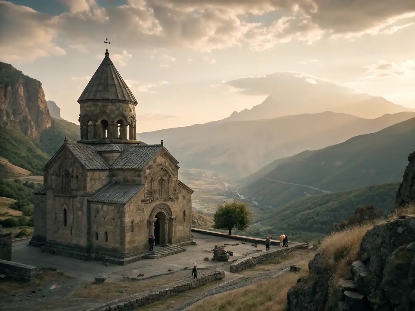 A breathtaking view of a historic church perched on the shores of Lake Sevan, with clear blue waters and mountains in the background, showcasing BLACKTIE TOURS' Private Sevan Escape.