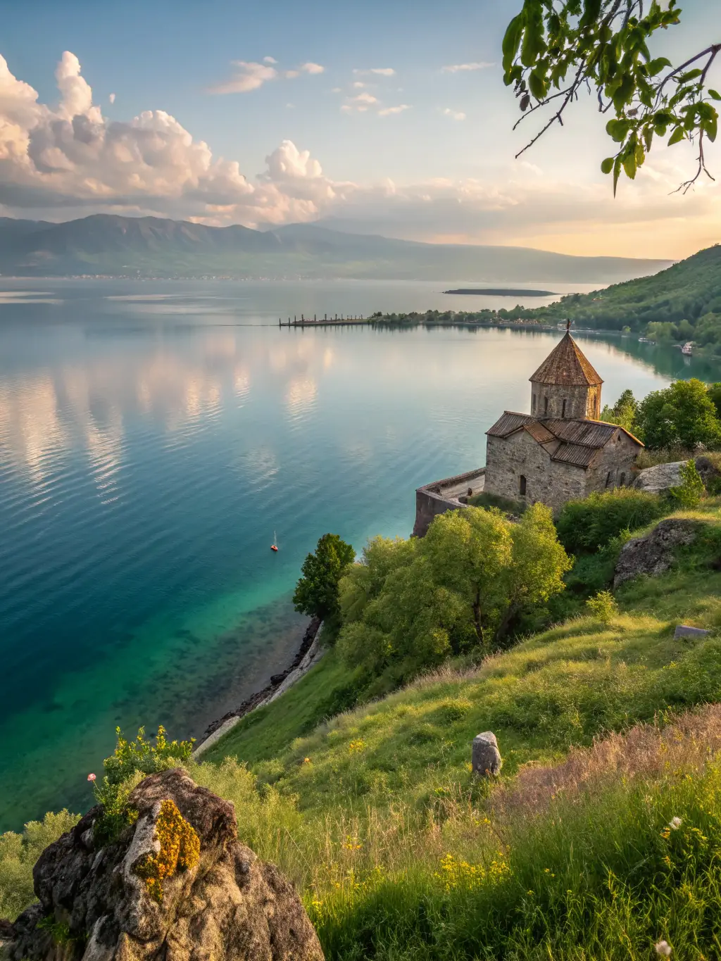 A serene, wide-angle shot of Lake Sevan with the Sevanavank Monastery perched on the peninsula, under a clear blue sky, showcasing the Private Sevan Escape offered by BLACKTIE TOURS.