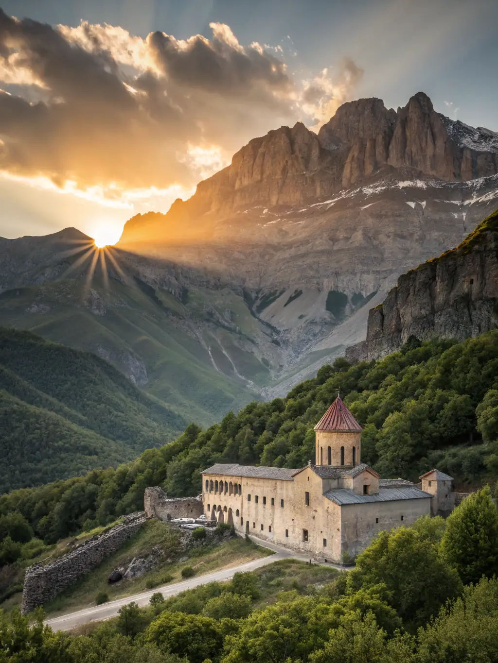 A panoramic view of the Armenian highlands, showcasing rolling hills and ancient monasteries, captured during golden hour, representing the overall luxury and adventure experience offered by BLACKTIE TOURS.