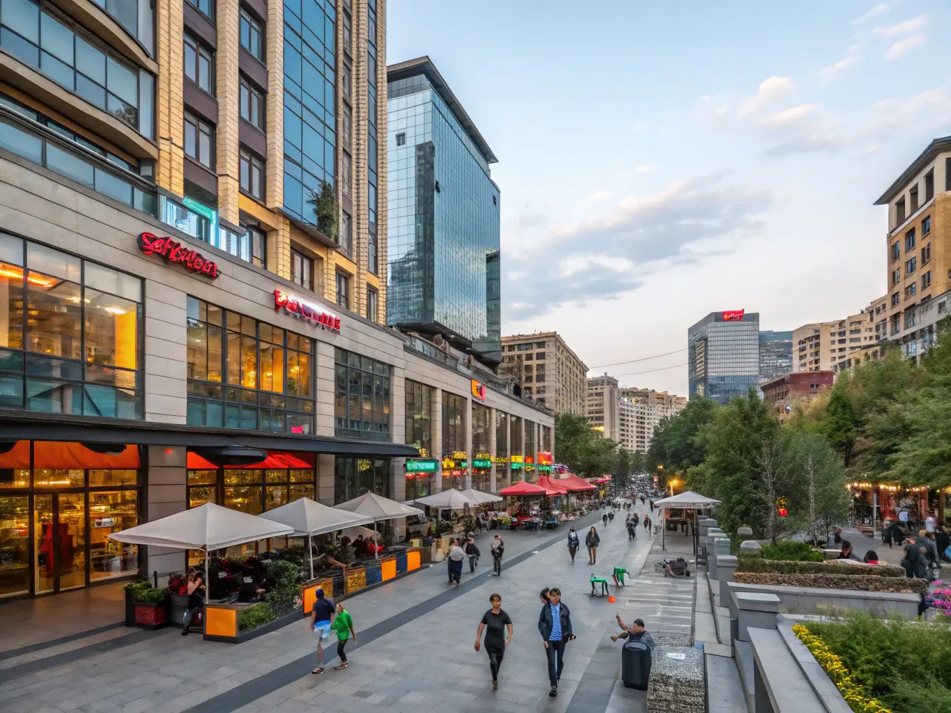A panoramic shot of Yerevan’s cityscape at sunset, with historic buildings and lively streets, representing the Exclusive City Adventure offered by BLACKTIE TOURS.
